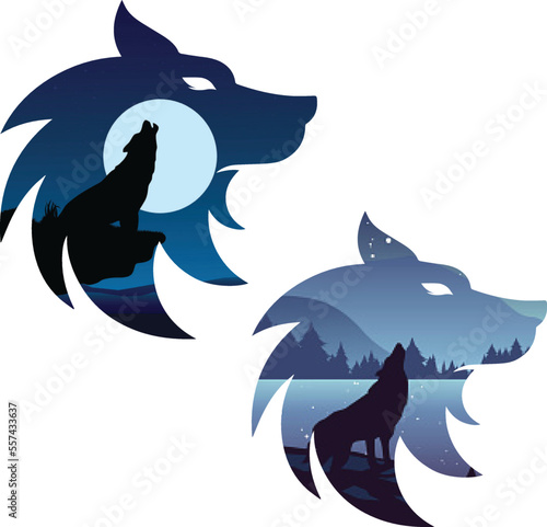 Set of wolf silhouettes with crescent moon and stars isolated. Sticker, print or tattoo design vector illustration. Pagan totem, wiccan familiar spirit art.