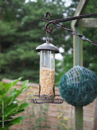 A plastic tube birdfeeder containing mixed seeds hanging from a bracket