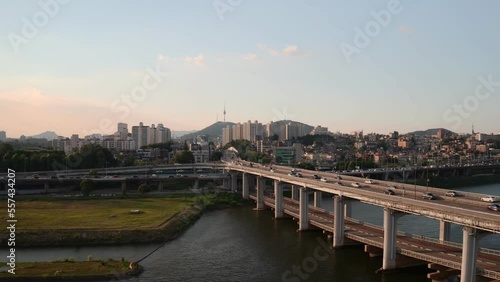 Wallpaper Mural [korea drone footage] Han river city landscape, Seoul, road, sunset Torontodigital.ca