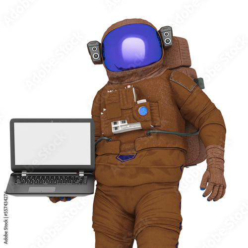 astronaut is holding a notebook laptop
