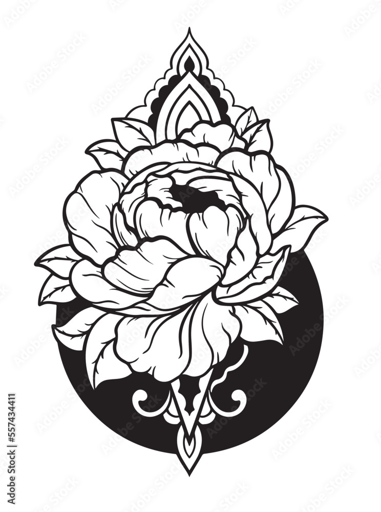 Hand drawing flower with geometric elements for greeting card,  print, t-shirt, poster, invitation, Henna drawing and tattoo template. Vector illustration. Old School Tattooing Style Ink. Boho design.