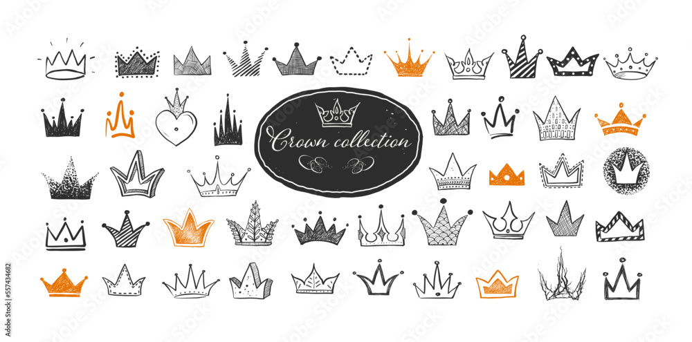 Collection of black and yellow doodle crowns on white background. Vector sketch illustration.
