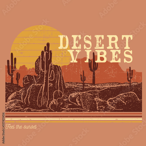 Desert Arizona  dreams with light blast vector graphic print artwork for apparel, stickers, background and others. Desert night view retro vintage illustration. Desert dreaming t-shirt design.