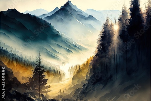 a painting of a mountain scene with trees and fog in the background and a sunbeam in the foreground.