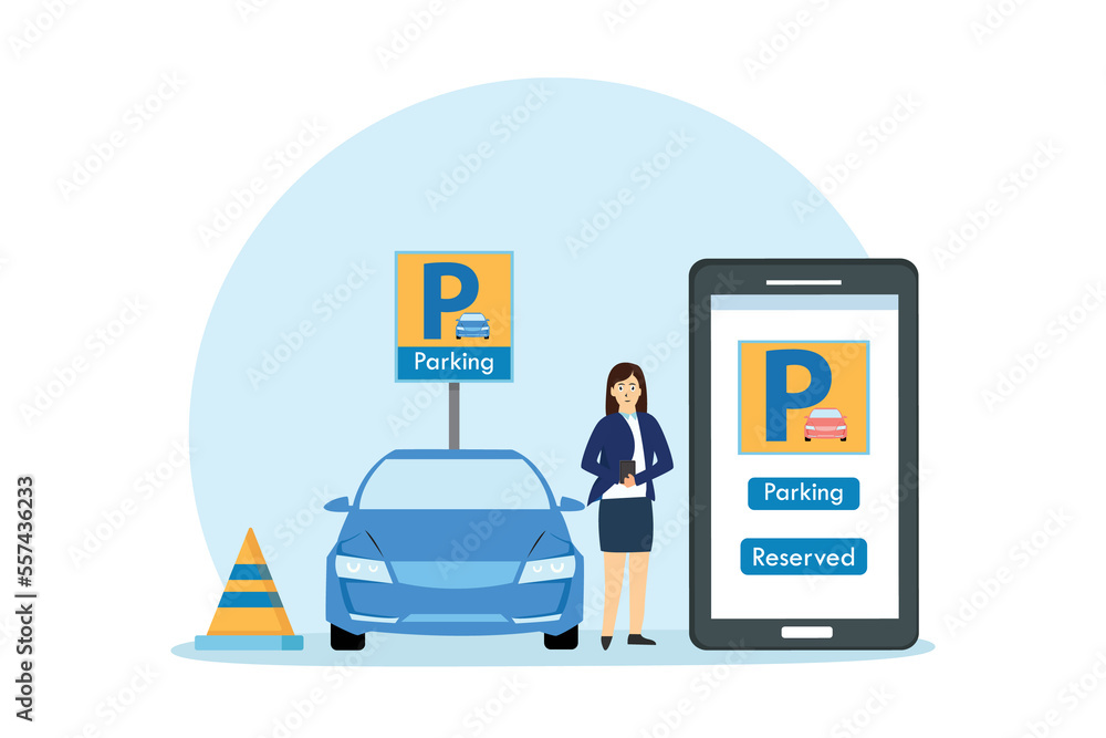 Woman with car parking online reservation application on mobile phone, flat design illustration Woman with car parking online reservation application on mobile phone, flat design illustration