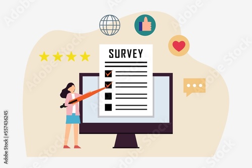 Woman checklist online survey for  satisfaction vote question, flat design illustration