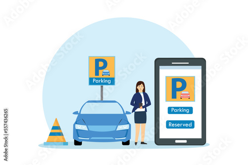 Woman with car parking online reservation application on mobile phone, flat design illustration