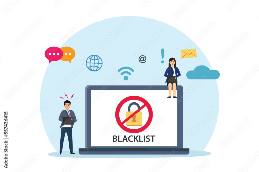 Two people sign in on the account with blacklist symbol while using digital device Two people sign in on the account with blacklist symbol while using digital device