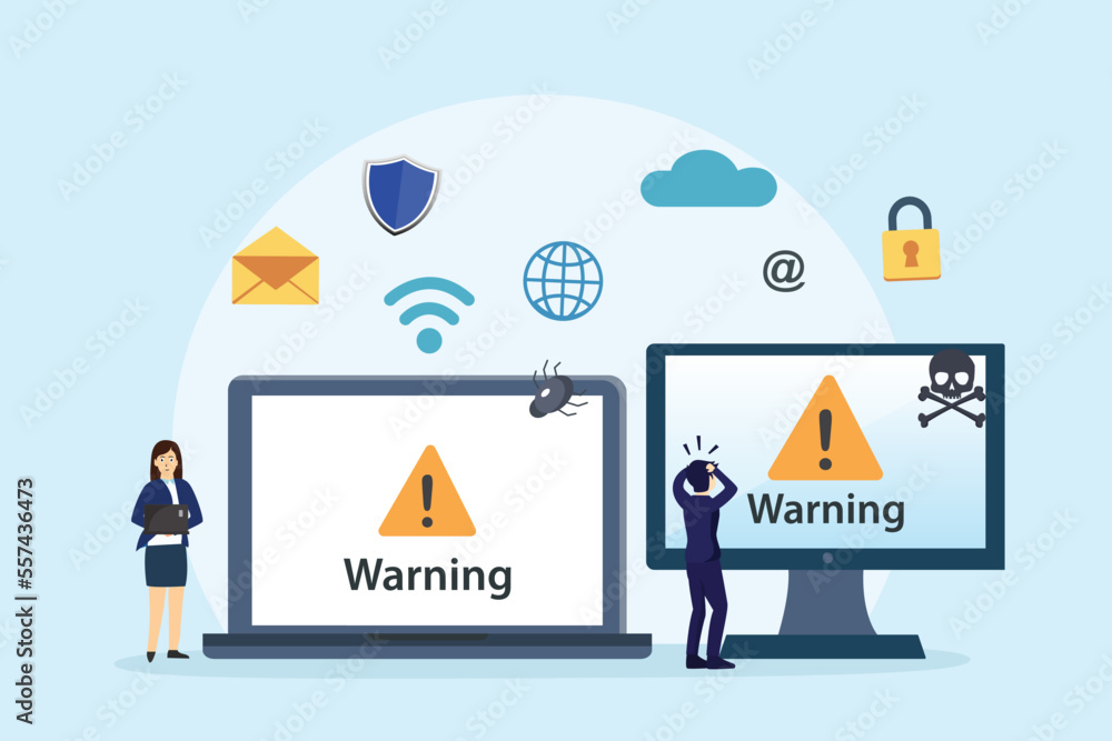 Two people looks stressed while using computer with warning sign Two people looks stressed while using computer with warning sign