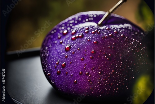  a purple apple with water drops on it sitting on a table with a black background and a green leaf. Generative AI photo