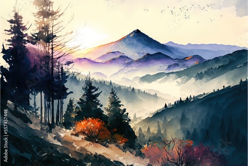 a painting of a mountain scene with trees and mountains in the background.