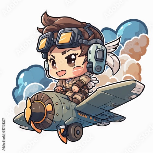  a cartoon boy flying on top of a small plane with a pilot on it's back and a gun in his hand. Generative AI