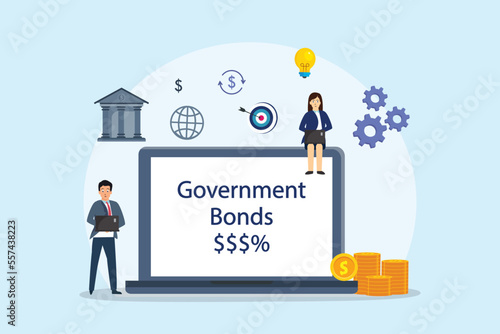 Business people with government bonds on the laptop computer screen