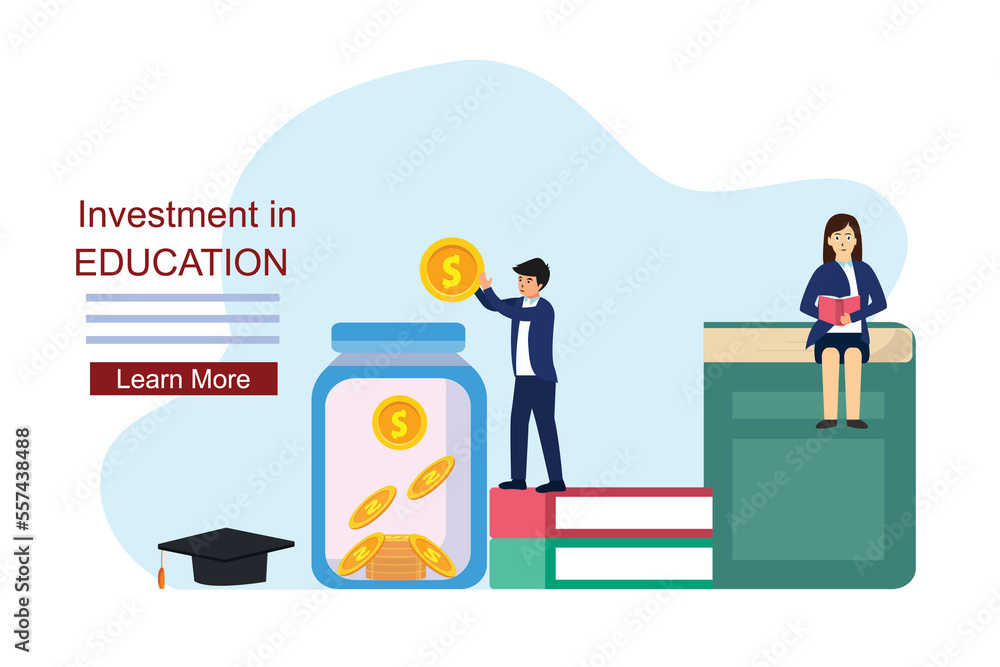 Investment in education vector concept with a student saving money in a jar from a stack of books