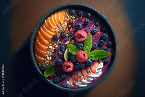 Acai smoothie bowl, beautiful healthy breakfast. AI 