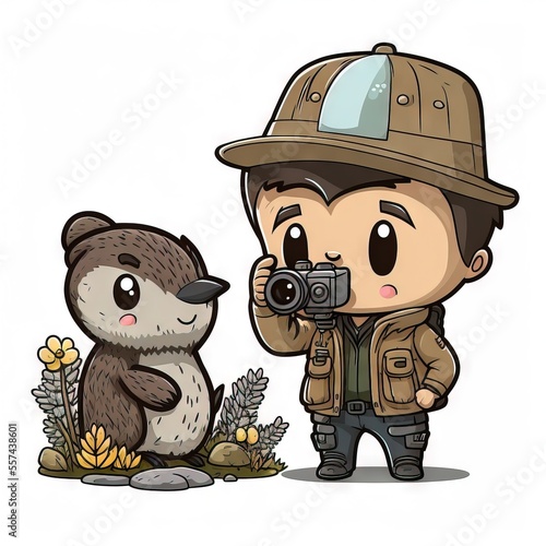  a man taking a picture of a cartoon animal with a camera on a white background with a bird and a bear. Generative AI