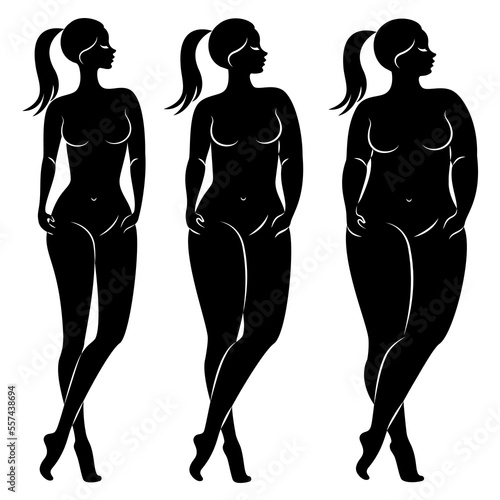 Collection. Silhouette of a beautiful woman figure. The girl is thin, the woman is overweight. The lady is standing, she is slim and sexy. Set of vector illustrations.