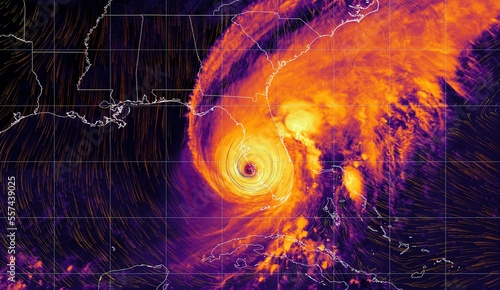 Hurricane Ian - colorful satellite weather map overlayed with wind streams. Satellite data provided by EUMETSAT.