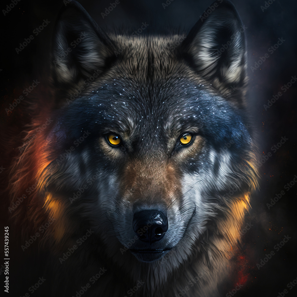  a wolf with yellow eyes and a black background with a red glow on its face and a black background with a red glow on its eyes. - obrazy, fototapety, plakaty 