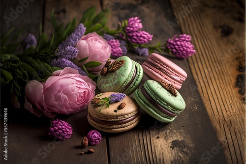 a bunch of macaroons and flowers on a wooden table with a wooden table top and a wooden table.