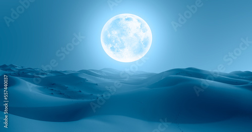 Beautiful landscape with sand dunes in the Sahara desert super blue full moon in the background- Sahara  Morocco  Elements of this image furnished by NASA 