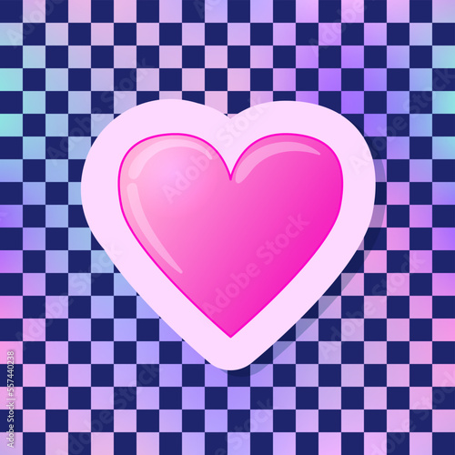 Pink Heart sticker. Vector illustration over chequer pattern background. Pin,...