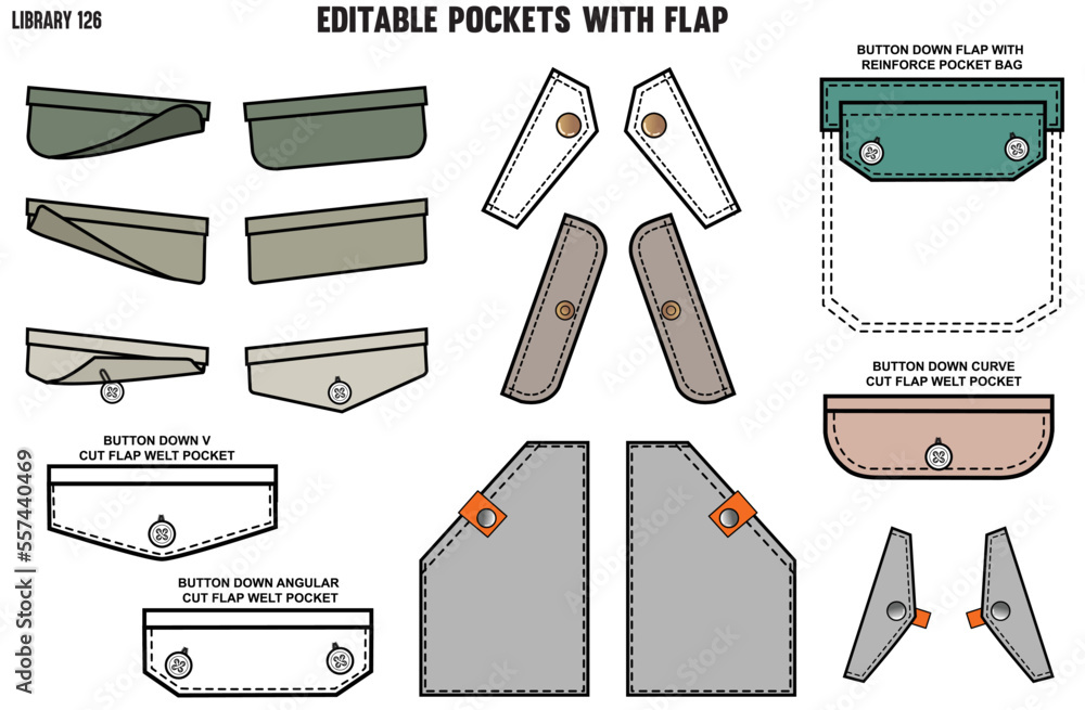 SET OF DIFFERENT KIND OF FLAP POCKETS FOR CLOTHINGS AND APPARELS, SINGLE  WELT FLAP, DOUBLE WELT FLAP POCKET FOR TROUSERS, JACKETS, CHINOS AND CARGOS  IN EDITABLE VECTOR Stock Vector