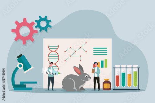 Scientist doing experiment with a rabbit, flat design illustration
