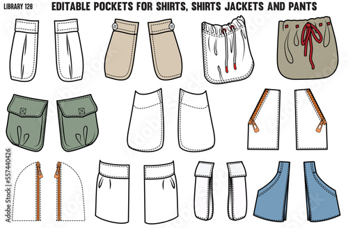 SET OF DIFFERENT TYPES OF POCKET FOR APPAREL AND CLOTHINGS; FOR SHIRTS DENIM JEANS JACKET CARGO PANTS CHINOS, JACKETS AND BLAZERS IN EDITABLE VECTOR