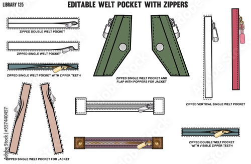 SET OF DIFFERENT WELT ZIPPER POCKET FOR CLOTHINGS AND APPARELS,  SINGLE WELT, DOUBLE WELT POCKET FOR TROUSERS, JACKETS, CHINOS AND CARGOS IN EDITABLE VECTOR