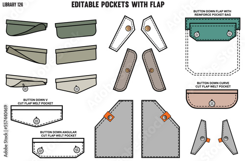 SET OF DIFFERENT KIND OF FLAP POCKETS FOR CLOTHINGS AND APPARELS,  SINGLE WELT FLAP, DOUBLE WELT FLAP POCKET FOR TROUSERS, JACKETS, CHINOS AND CARGOS IN EDITABLE VECTOR