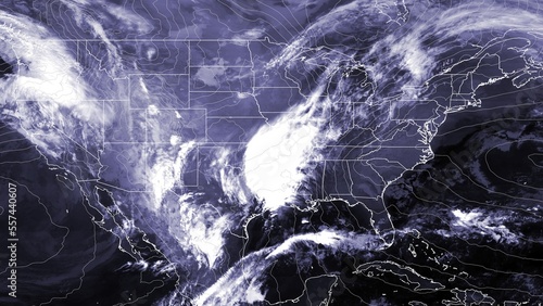 Satellite weather map over North America overlayed with atmospheric pressure field. Satellite data provided by EUMETSAT. photo