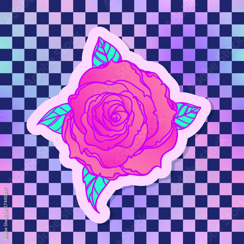 Rose. Vector illustration over chequer pattern background. Pin, patch design.