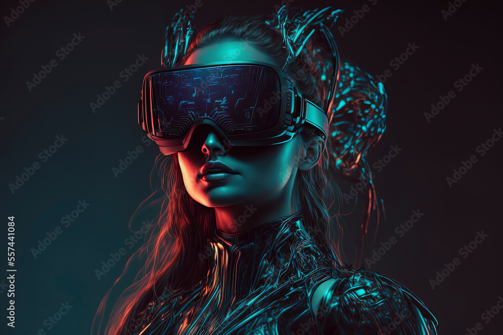 female using bright futuristic VR glasses on dark blue and red background