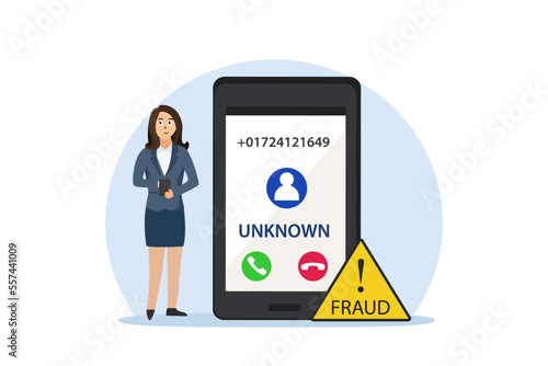 Businesswoman with fraud call from unknown number on mobile phone