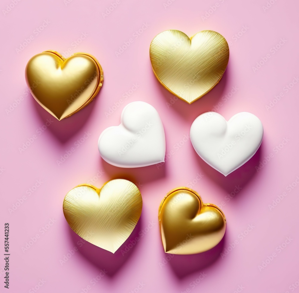 Flat lay out, golden and white hearts on pastel pink background. Love and romance concept. Valentine day card. Generative ai. 