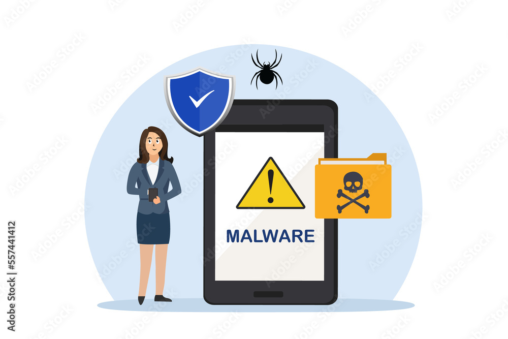 Businesswoman with malware attack on mobile phone Businesswoman with malware attack on mobile phone