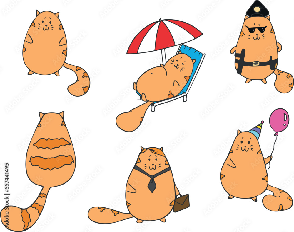 Doodle set of cute ginger cats. Cat police officer. Cat on a beach