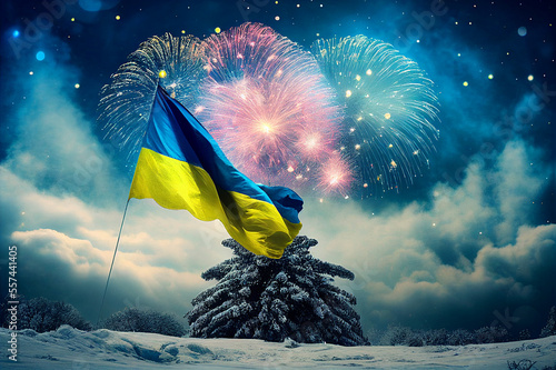 Ukrainian flag waving in the wind with fireworks in the background; highly detailed image; Ukrainian flag on the left side; heavy snow; greeting the new year; new year