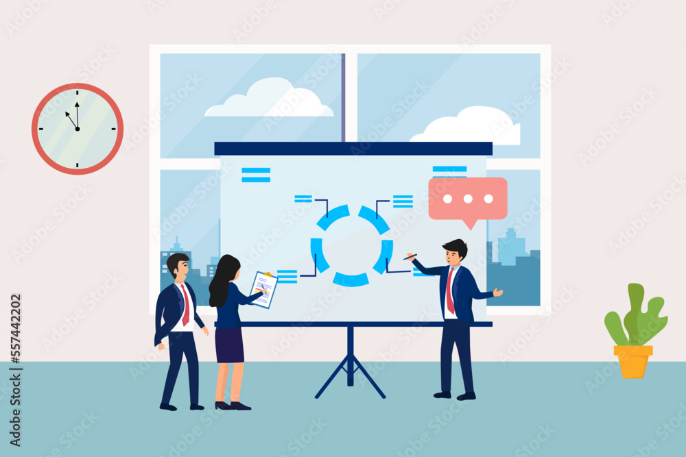 Business people in a meeting while standing in the office room, flat design illustration Business people in a meeting while standing in the office room, flat design illustration