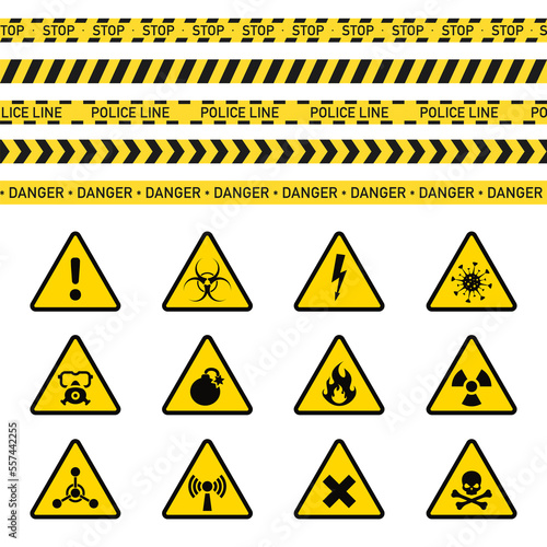 Danger warning ribbon and sign, yellow alert triangles and ribbon. Caution tape set, restricted access, safety and hazard stripes, alert symbols. Attention, poison, high voltage, radiation, biohazard.