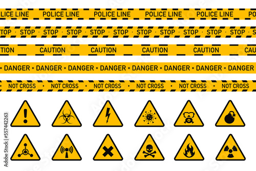 Danger warning ribbon and sign, yellow alert triangles and ribbon. Caution tape set, restricted access, safety and hazard stripes, alert symbols. Attention, poison, high voltage, radiation, biohazard.