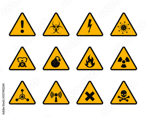 Yellow alert triangles, warning sign danger. Attention, poison, high voltage, radiation, biohazard, flammable signs.