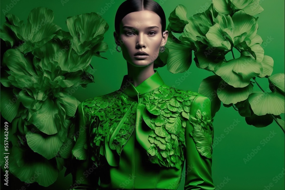a woman in a green dress with flowers on her shoulders and a green