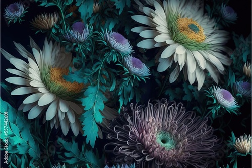 a painting of flowers with green leaves and purple petals on a black background with a blue sky in the background. © Anna
