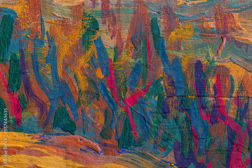 Abstract background closeup of a painting with brushstrokes. Rough art paint smear. Large multicolor spots of brush strokes and palette knife on the canvas Abstract background closeup of a painting with brushstrokes. Rough art paint smear. Large multicolor spots of brush strokes and palette knife on the canvas