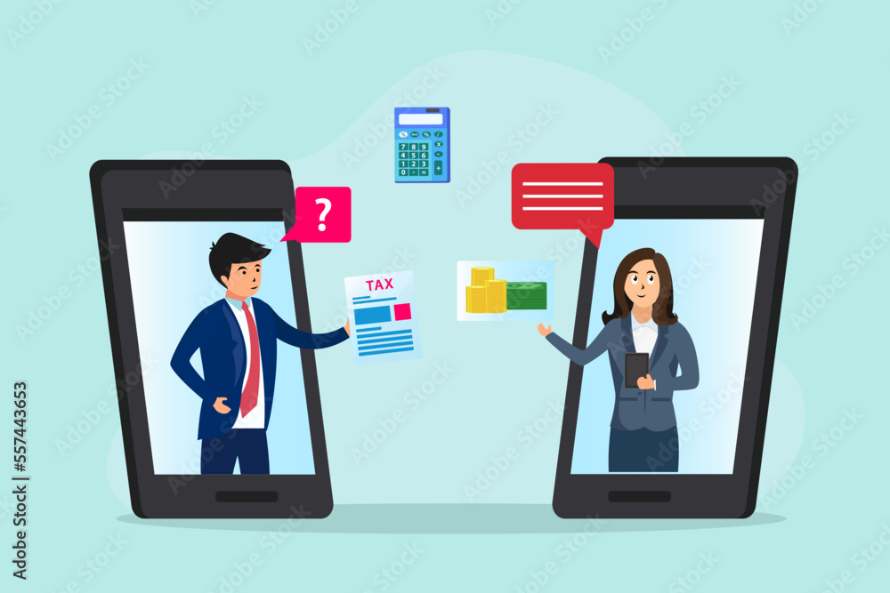 Businessman consulting tax on online consultant in mobile phone application, flat design illustration Businessman consulting tax on online consultant in mobile phone application, flat design illustration
