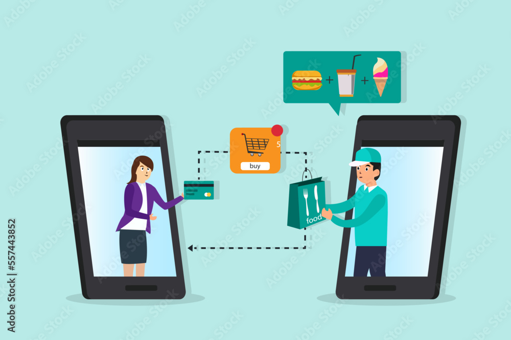 woman ordering food online by mobile phone application woman ordering food online by mobile phone application