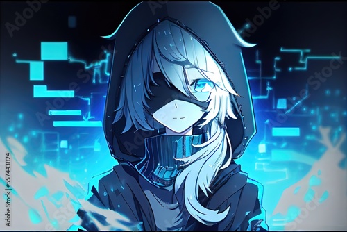 Female hacker. Cyberpunk techie with modern anime style to look like Japanese cartoons with 2D cel shading and futuristic blue background