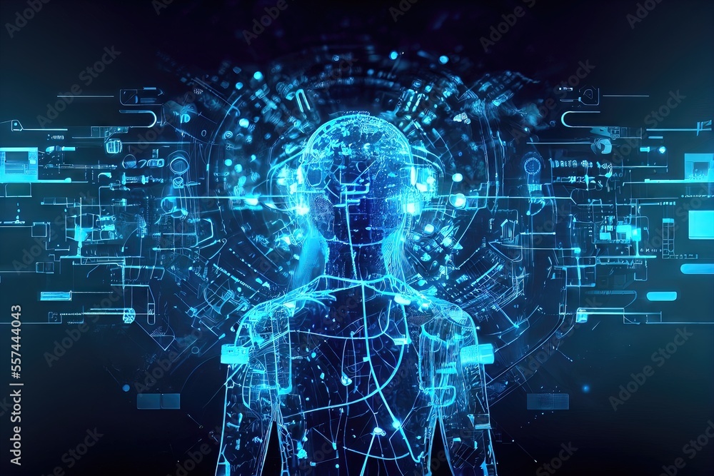 Fototapeta premium Person made of colorful data in the virtual reality metaverse created by generative AI. Digital image made to represent futuristic technologies.